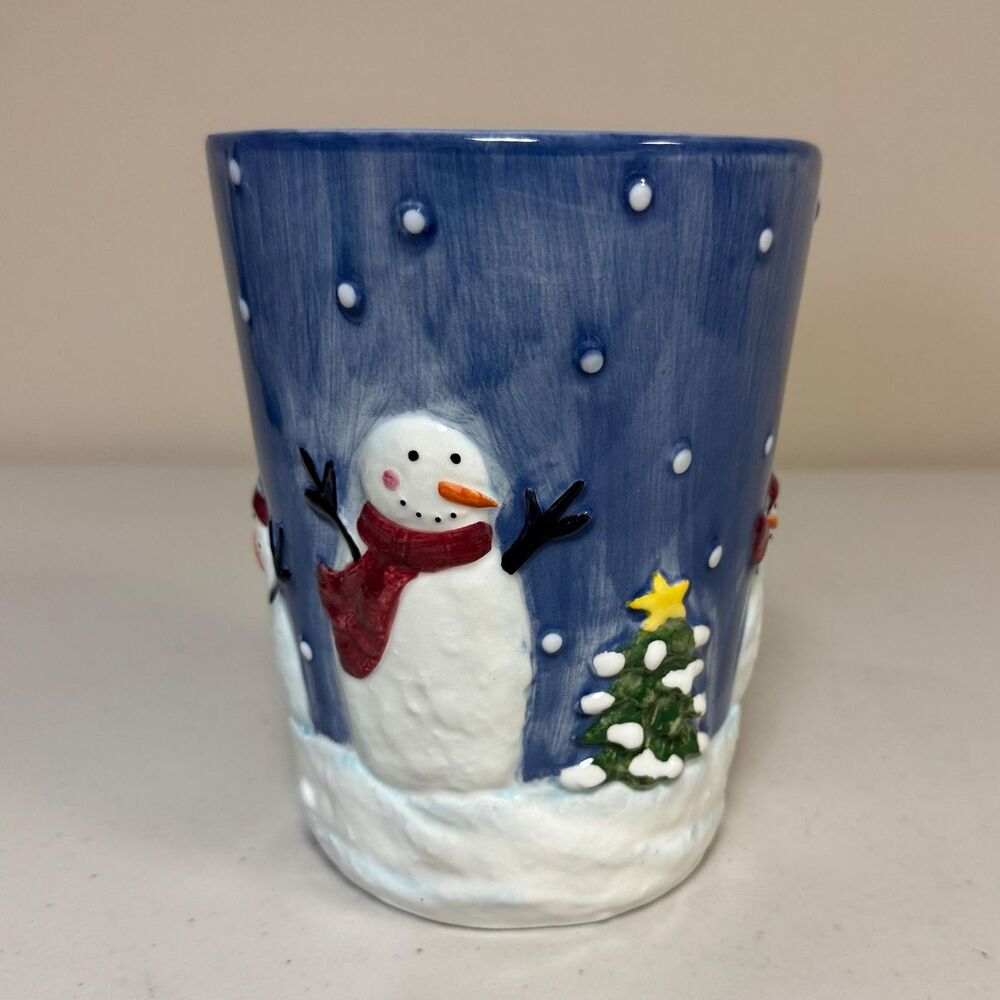 Snowman Vase Snow Winter Ceramic Home Decor Holiday Christmas Jar Blue White